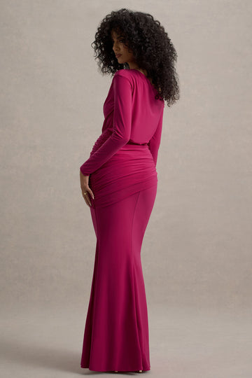 Deanna Hot Pink Asymmetric Long-Sleeve Ruched Maxi Dress